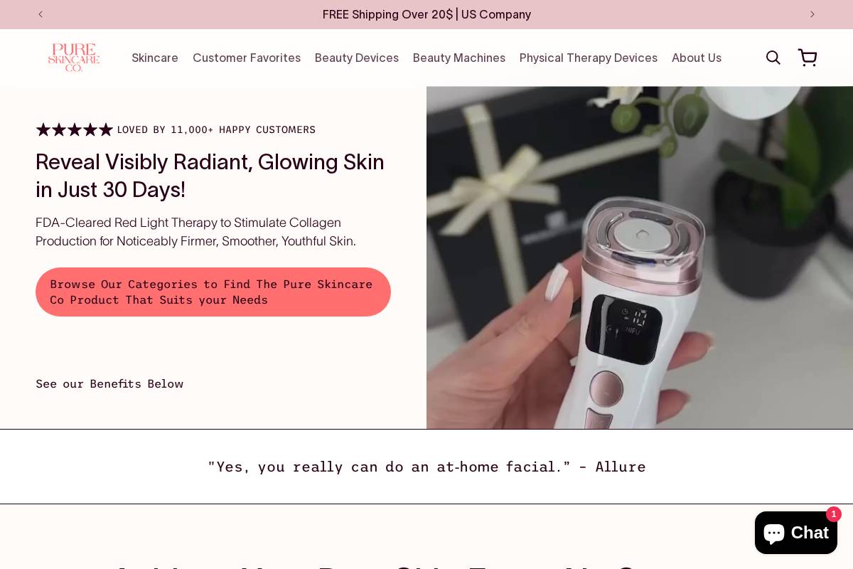 Pure Skincare Co homepage screenshot