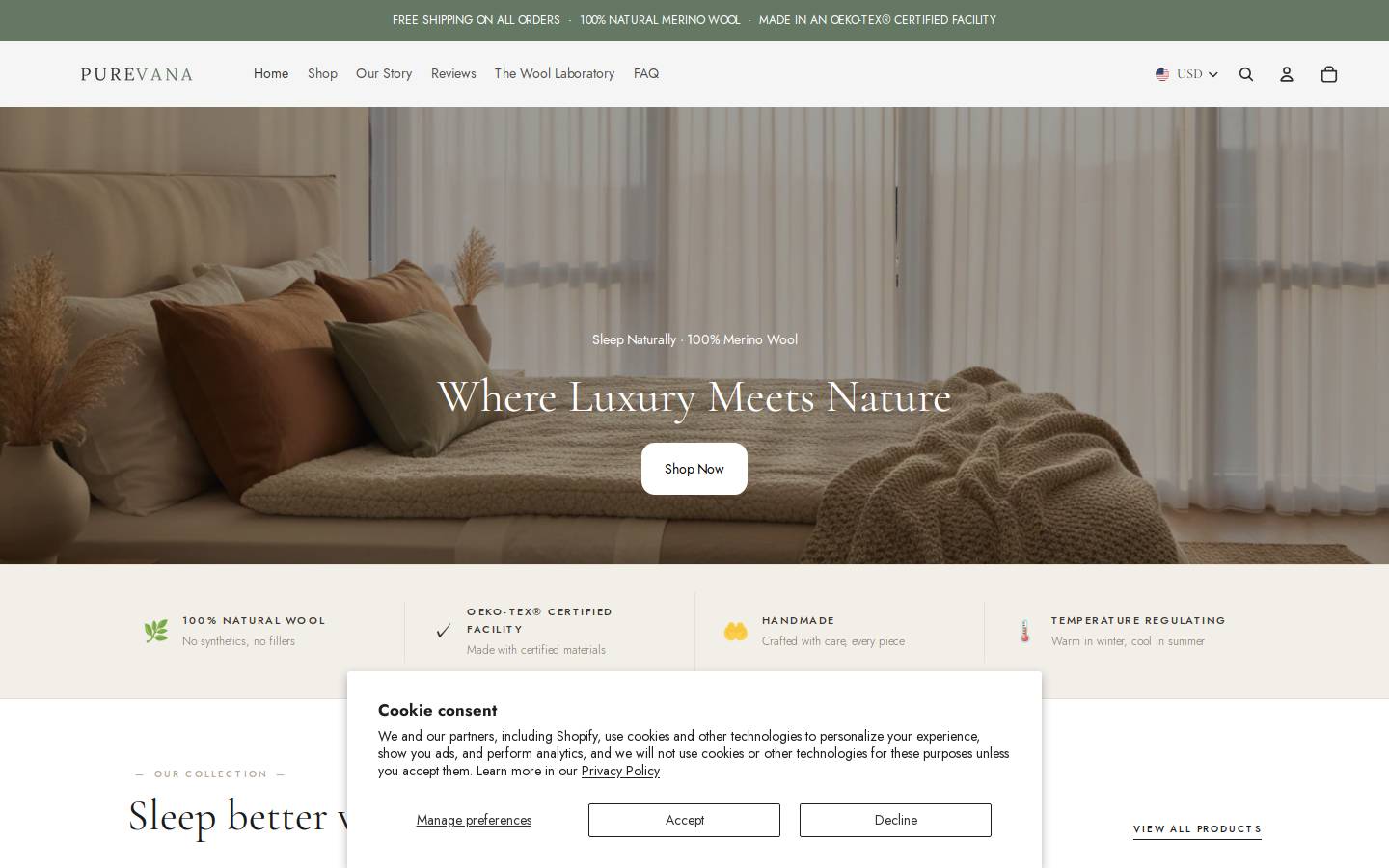 purevanabedding.com homepage screenshot