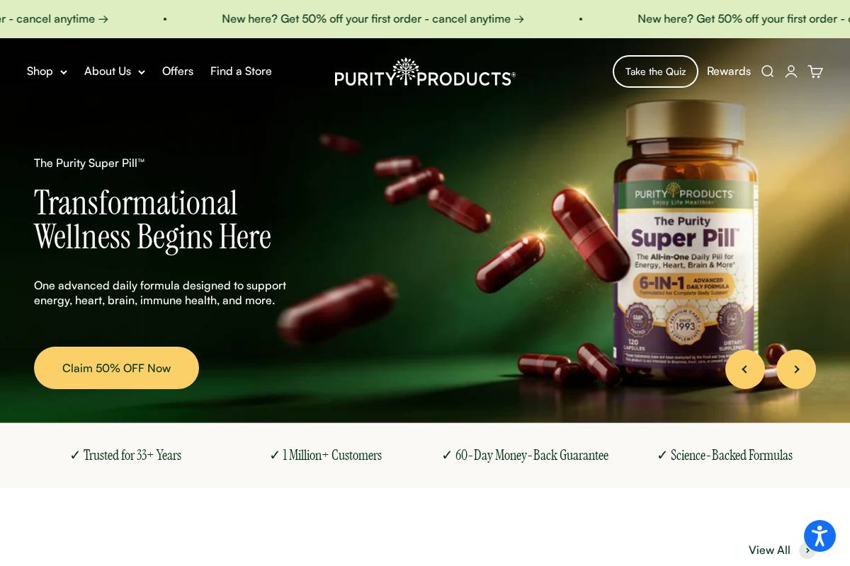 Purity Products homepage screenshot