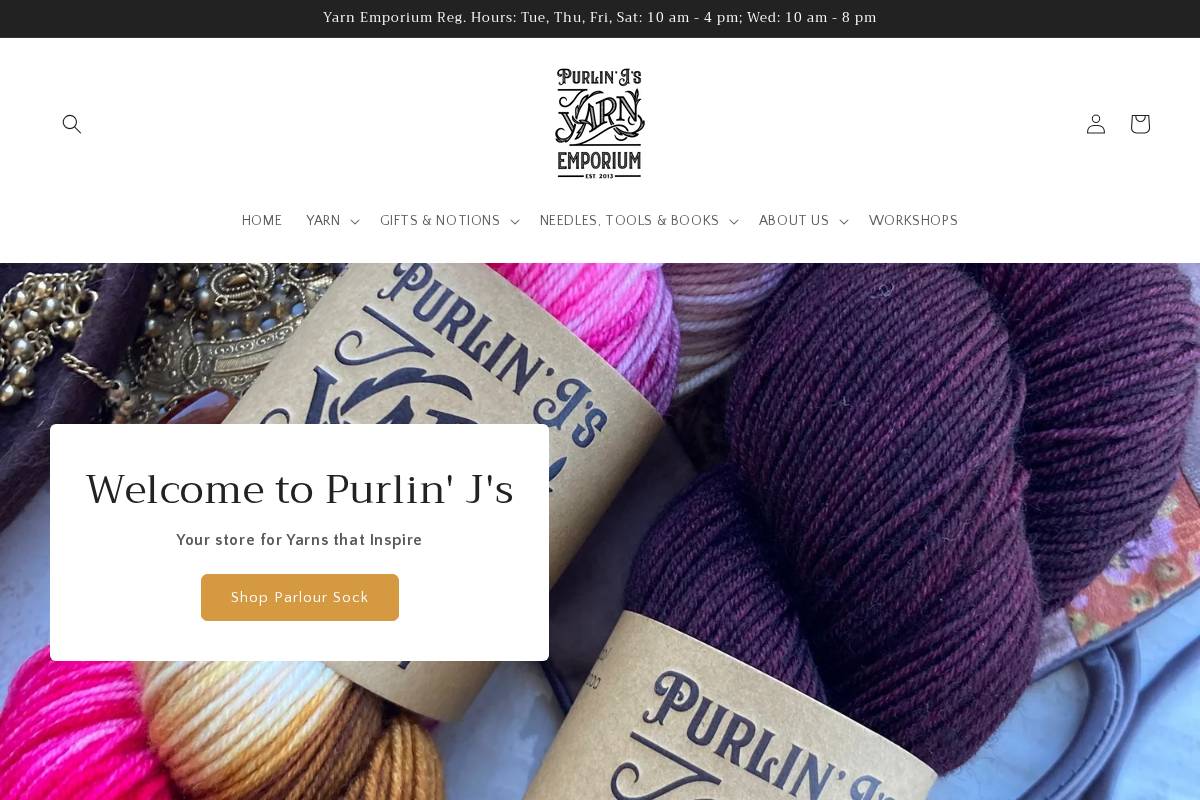 Purlin' J's Yarn Emporium homepage screenshot
