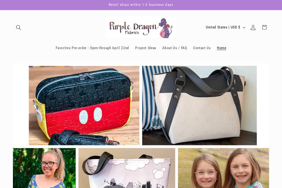 purpledragonfabrics.com homepage screenshot
