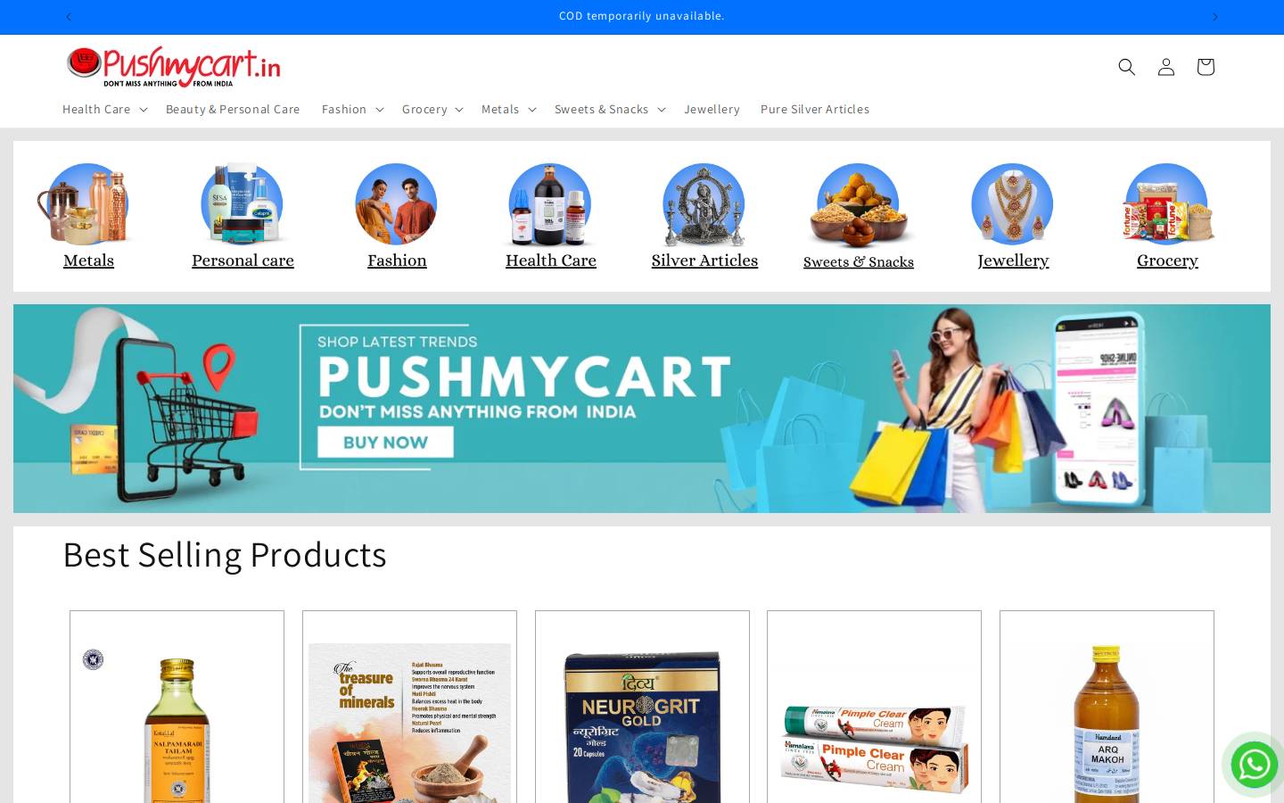 Pushmycart homepage screenshot