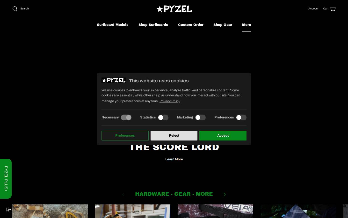 Pyzelsurfboards homepage screenshot