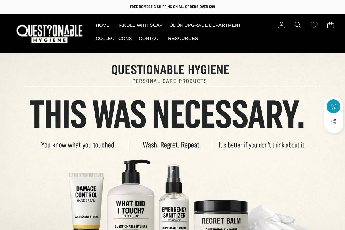 questionablehygiene.com homepage screenshot