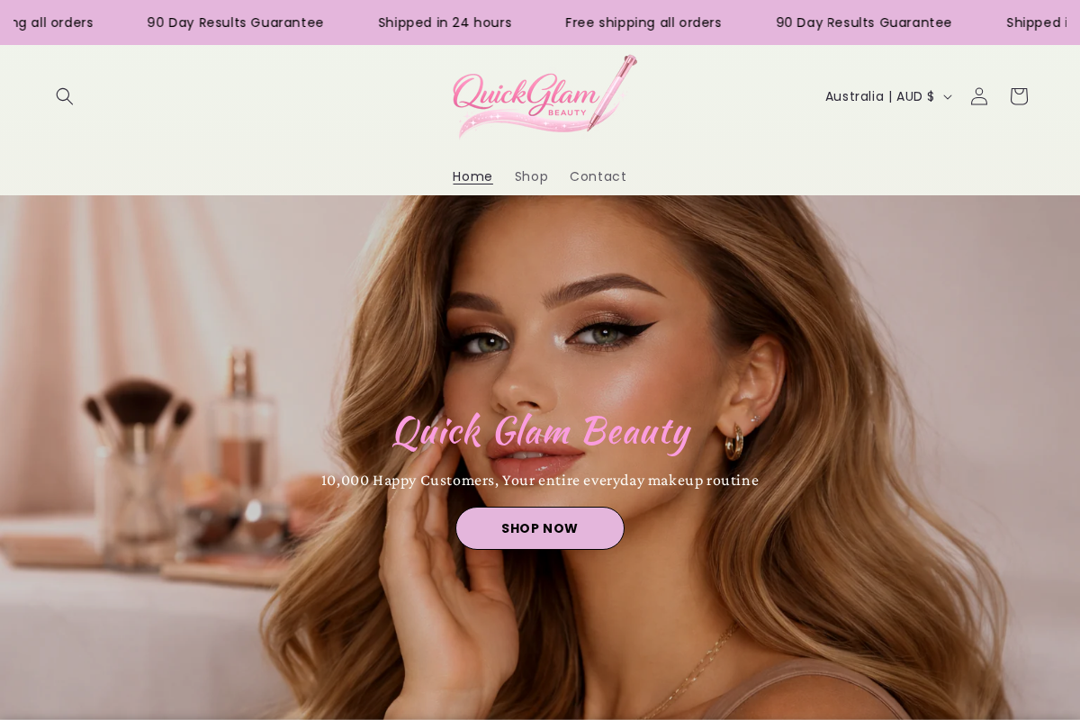 QuickGlam Beauty homepage screenshot