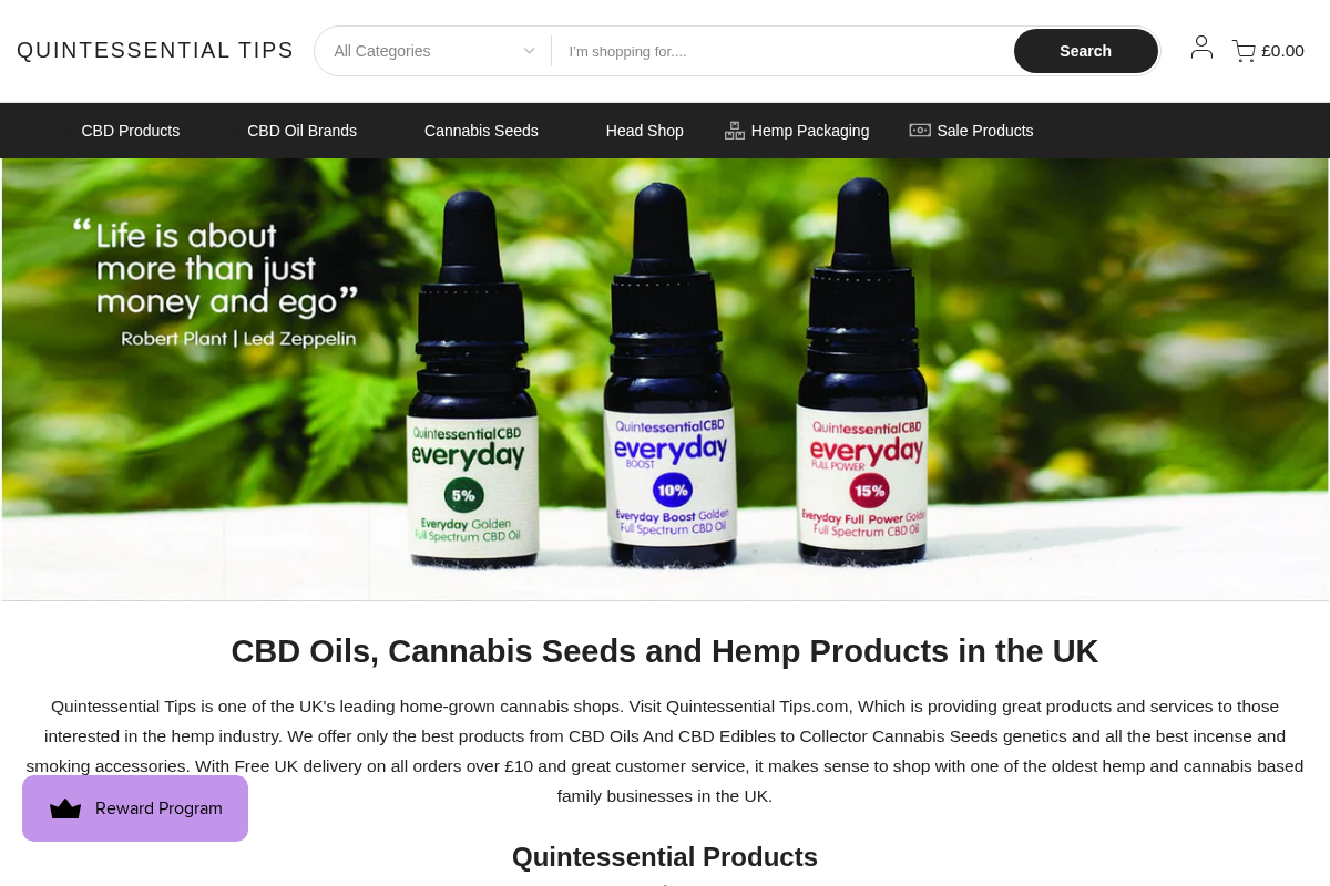 Quintessential Tips CBD Oil Supermarket UK homepage screenshot