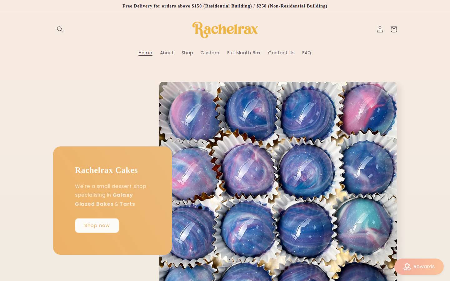 rachelraxcakes.com homepage screenshot