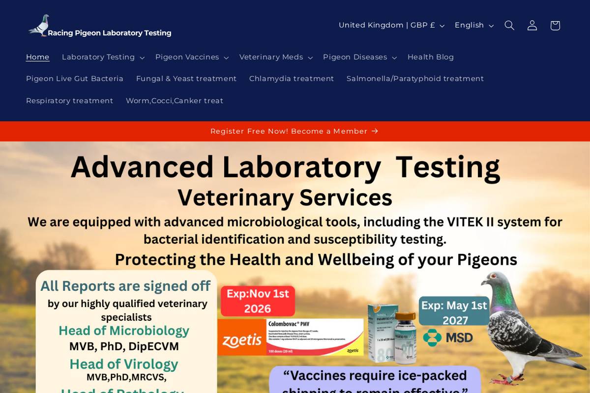 racingpigeonlaboratorytesting.com homepage screenshot