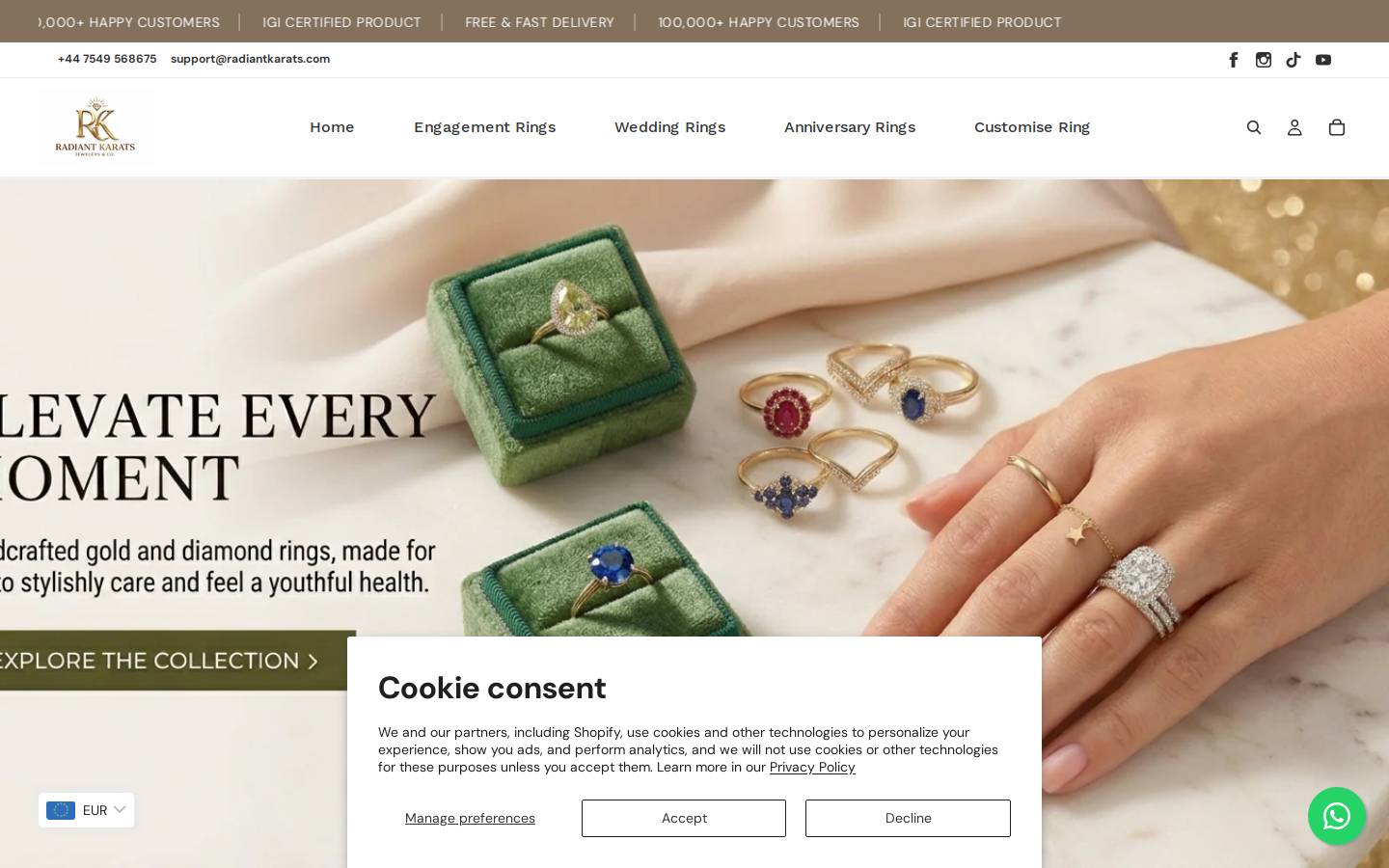 radiantkarats.com homepage screenshot