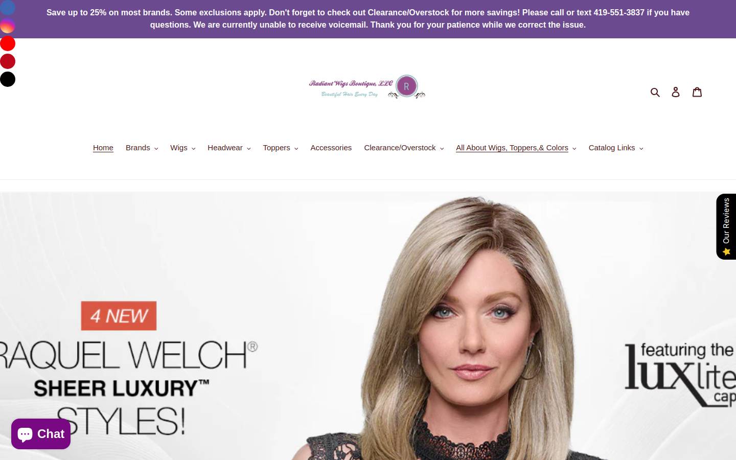 radiantwigsboutique.com homepage screenshot