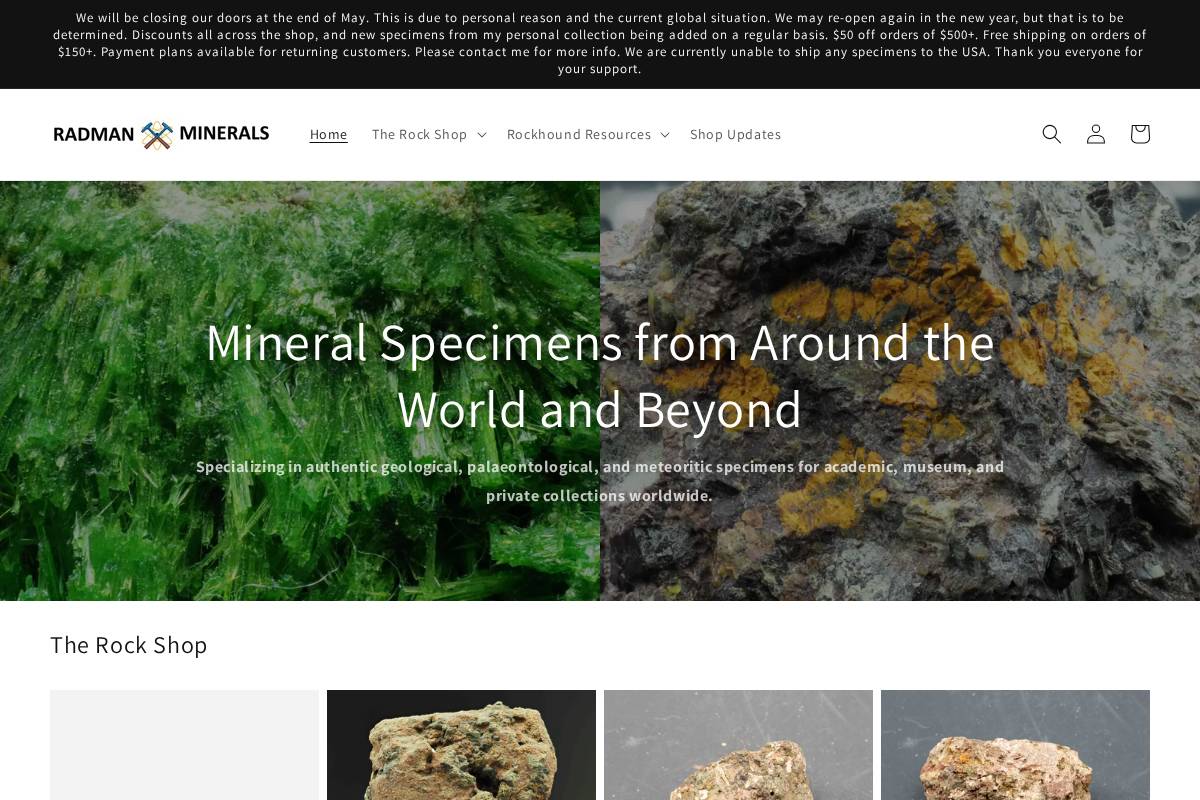 radmanminerals.com homepage screenshot