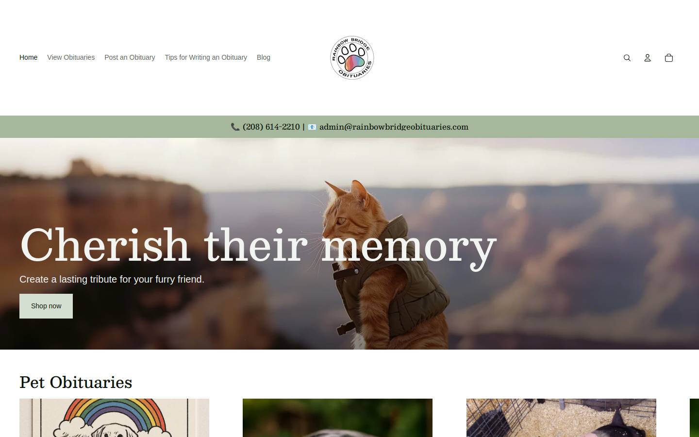 rainbowbridgeobituaries.com homepage screenshot