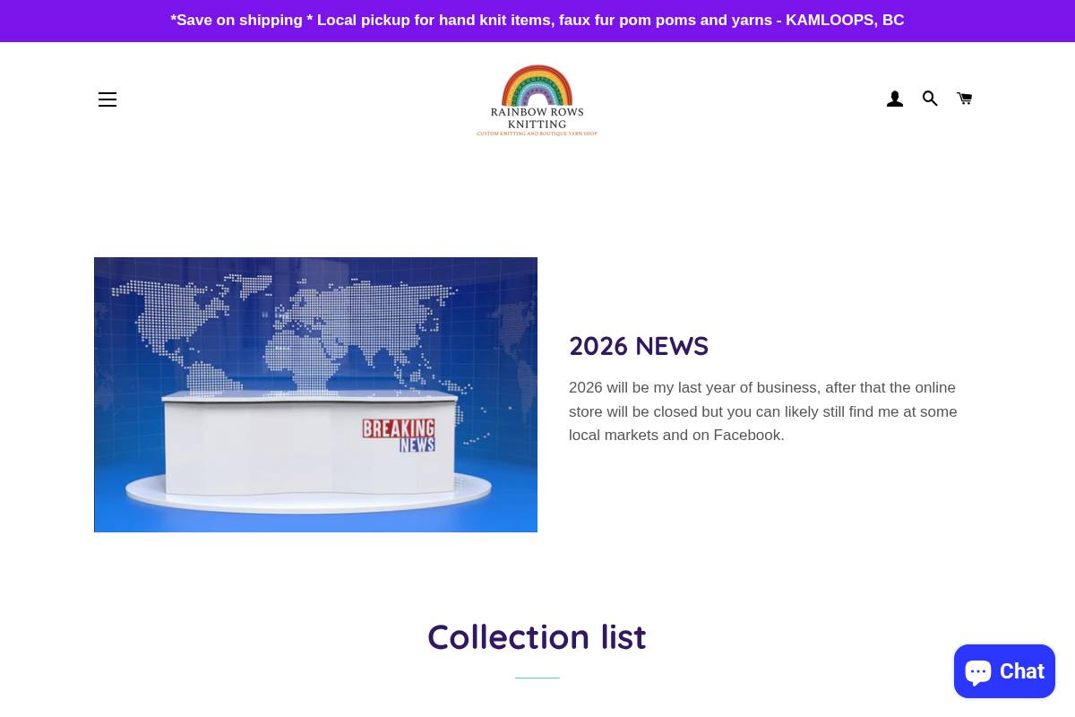 rainbowrowsknitting.com homepage screenshot