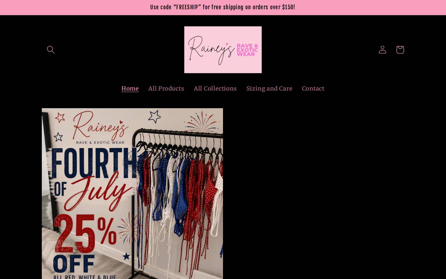 raineysraveandexoticwear.com homepage screenshot