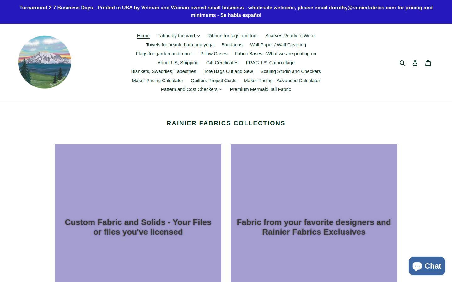 rainierfabric.com homepage screenshot
