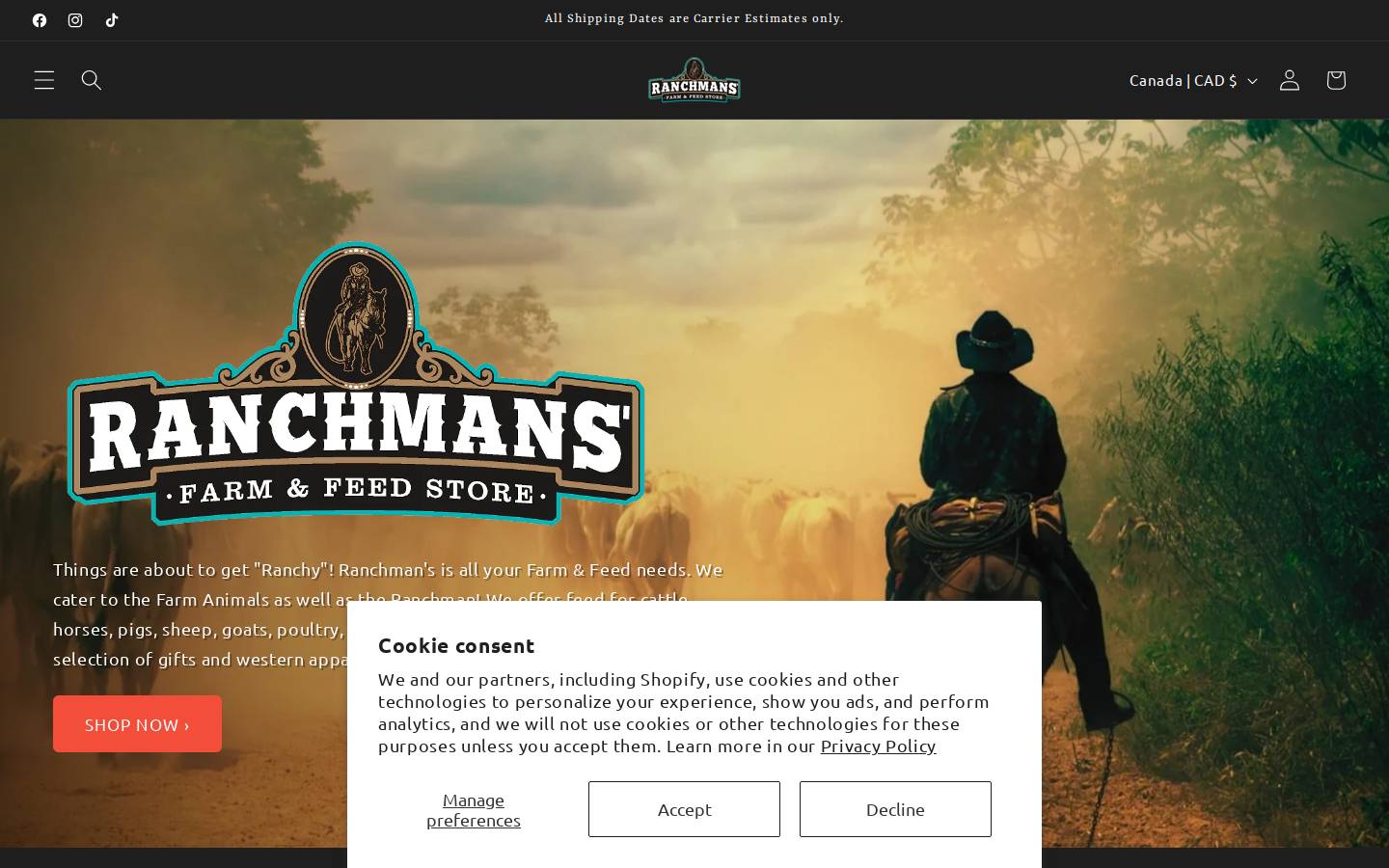 ranchmansfarmandfeed.ca homepage screenshot