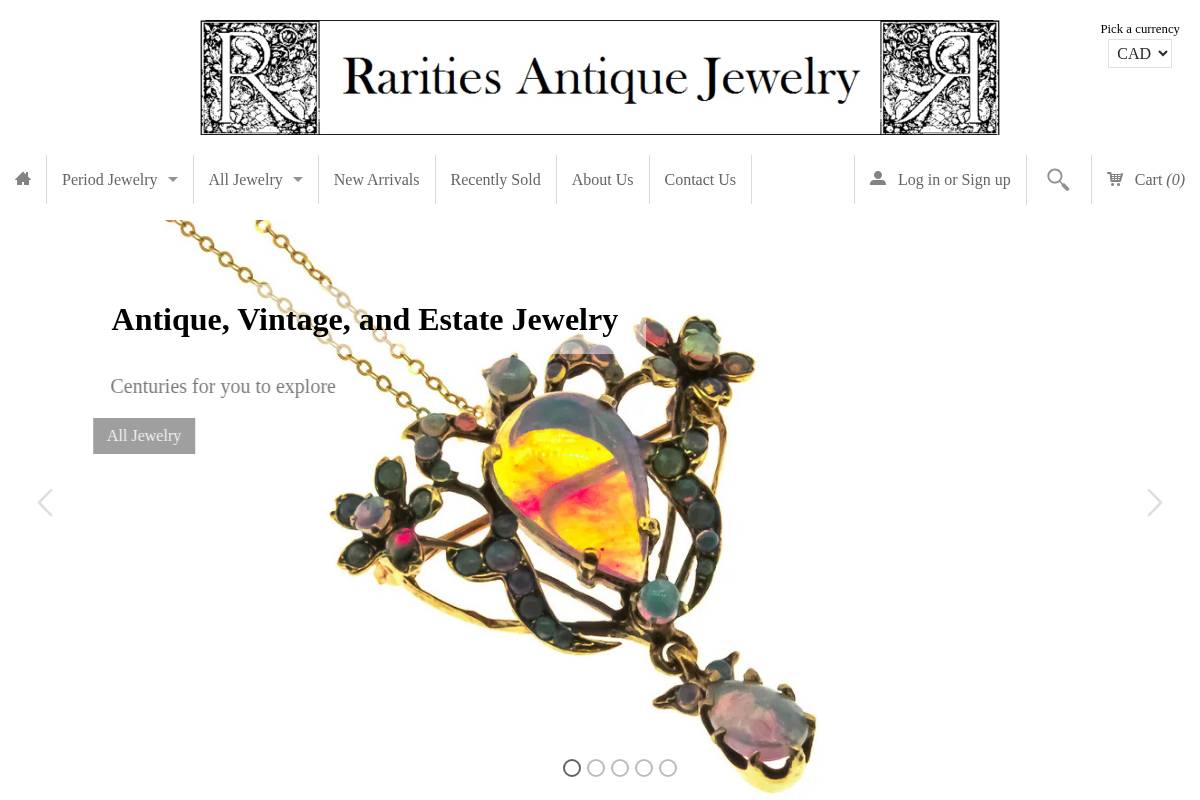 raritiesantiquejewelry.com homepage screenshot