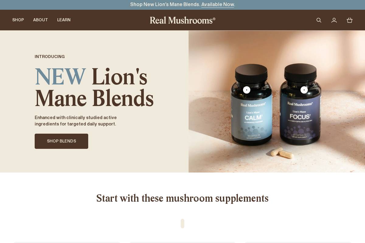 Real Mushrooms homepage screenshot