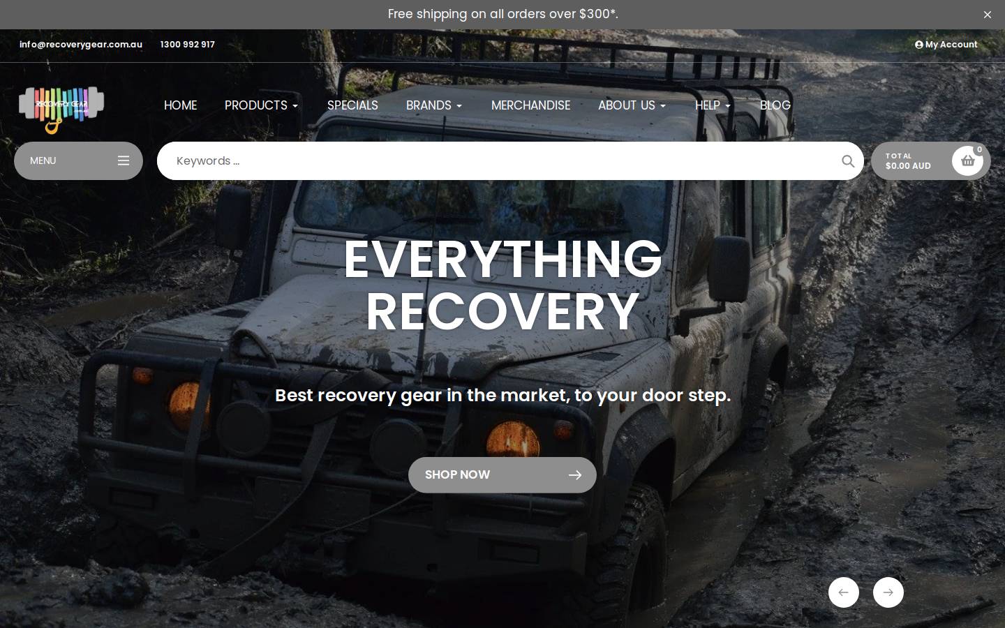 Recovery Gear homepage screenshot