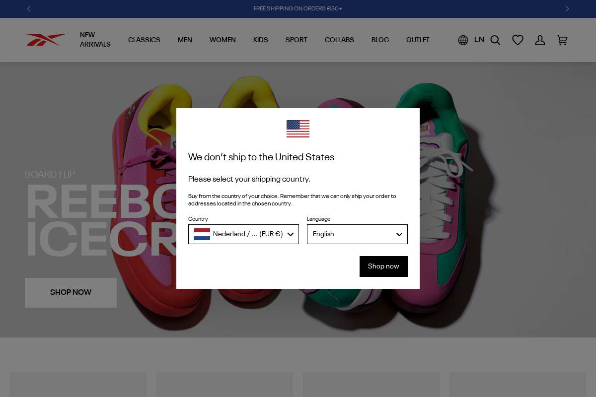 Reebok homepage screenshot
