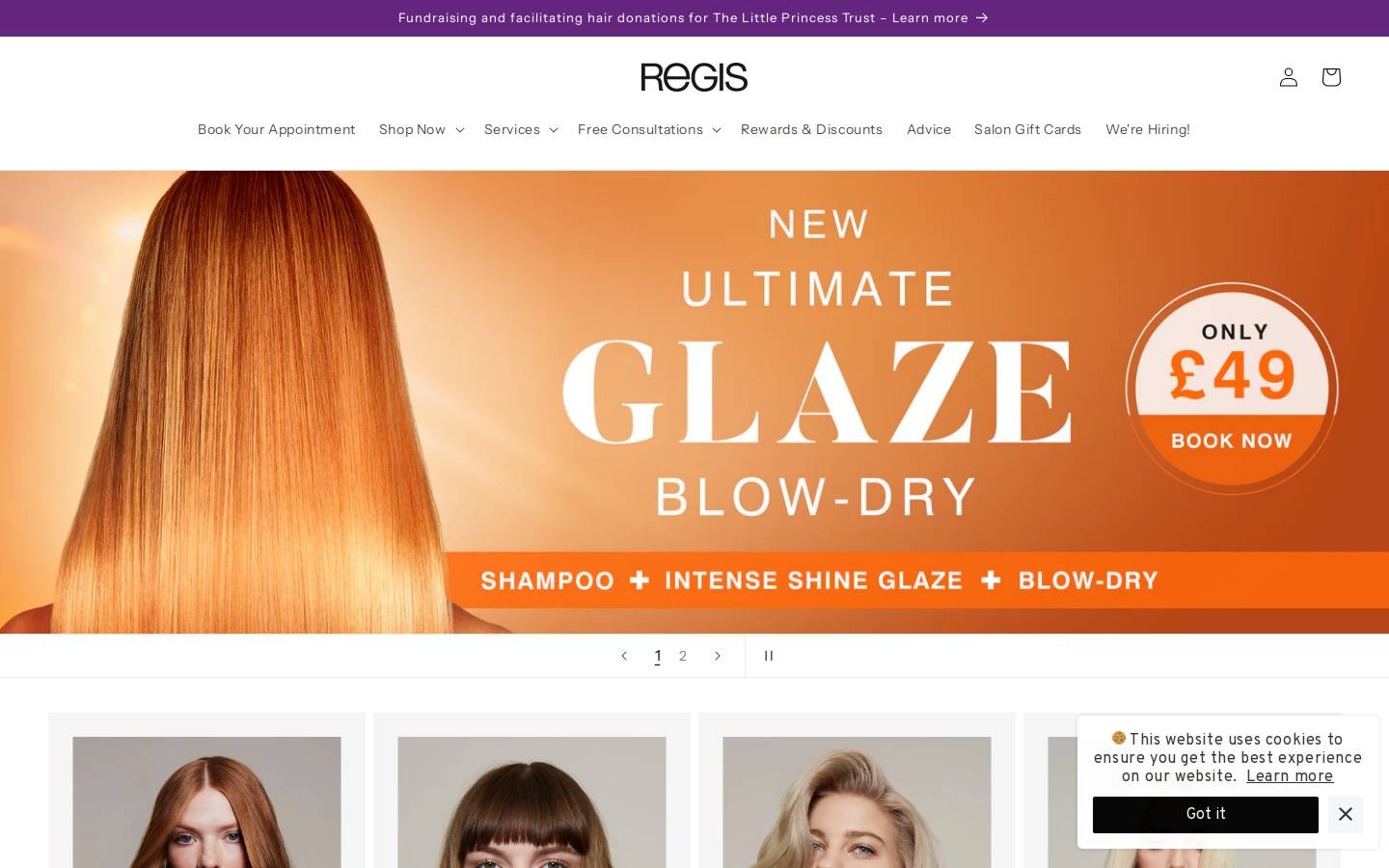 Regis Salons UK homepage screenshot