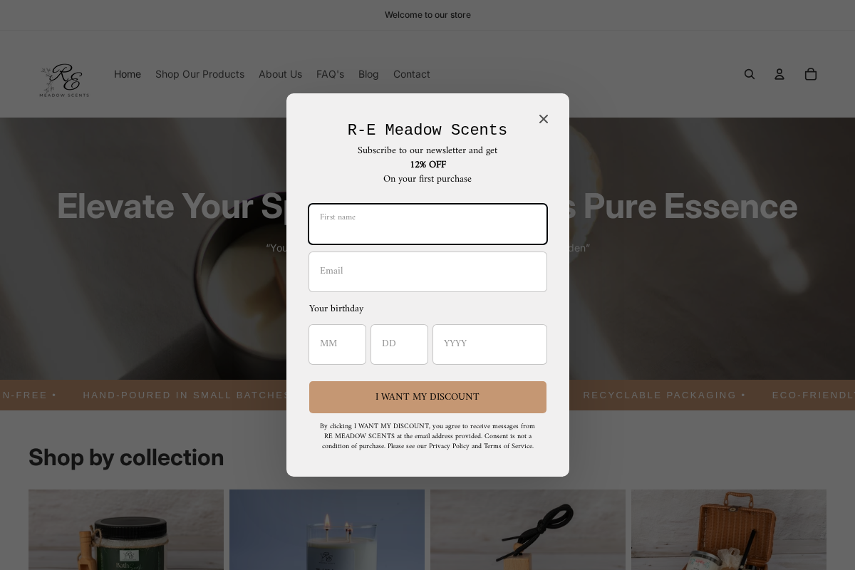 R-E Meadow Scents homepage screenshot