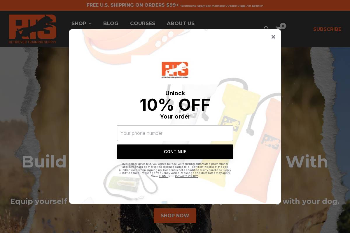 retrievertrainingsupply.com homepage screenshot