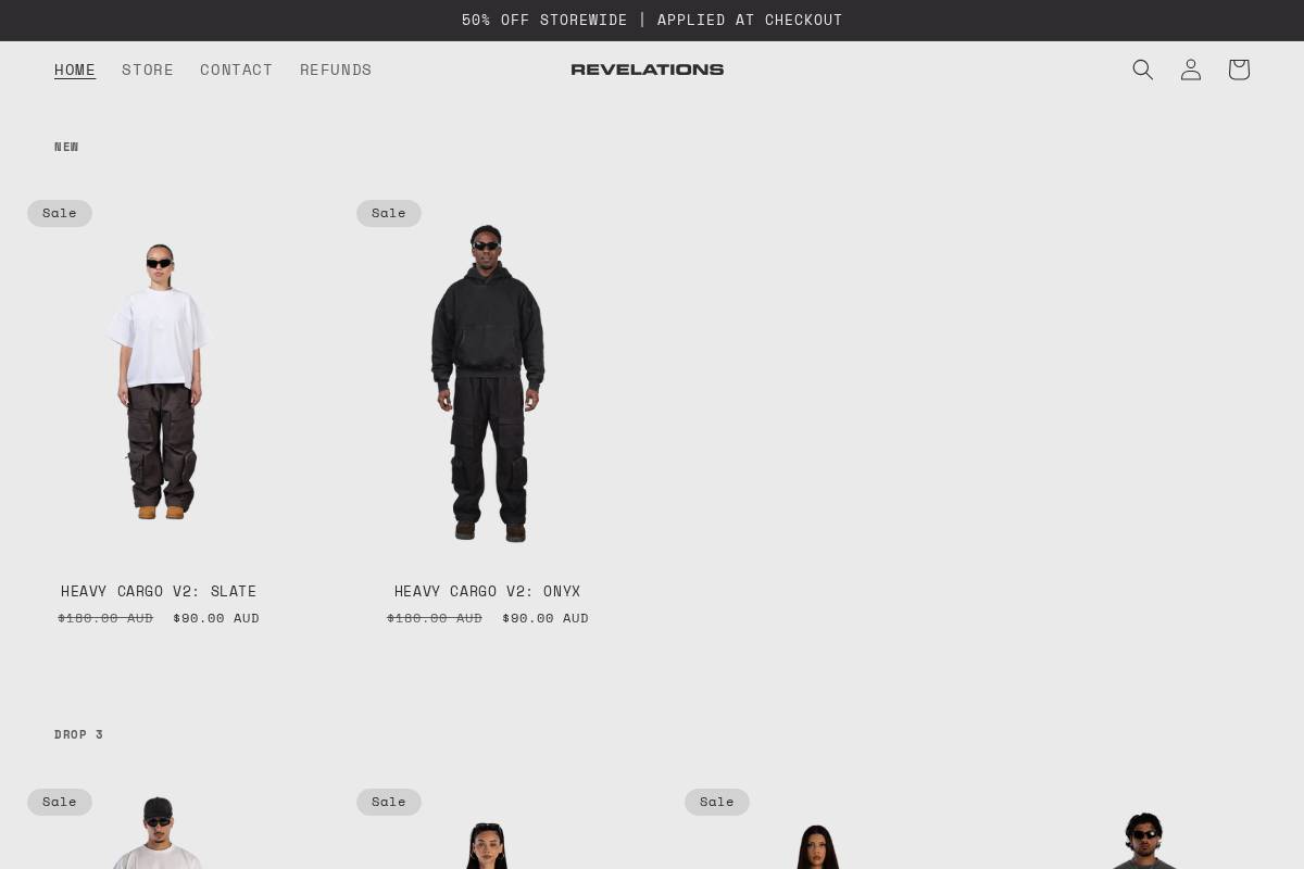 revelationsapparel.com homepage screenshot