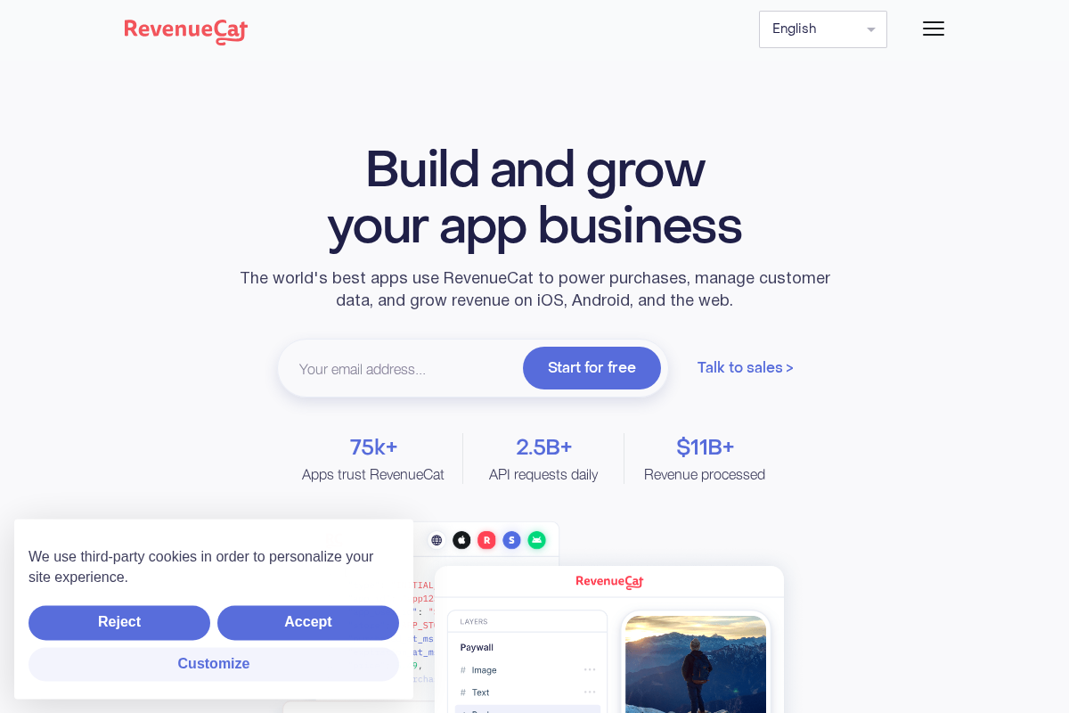 Revenuecat homepage screenshot
