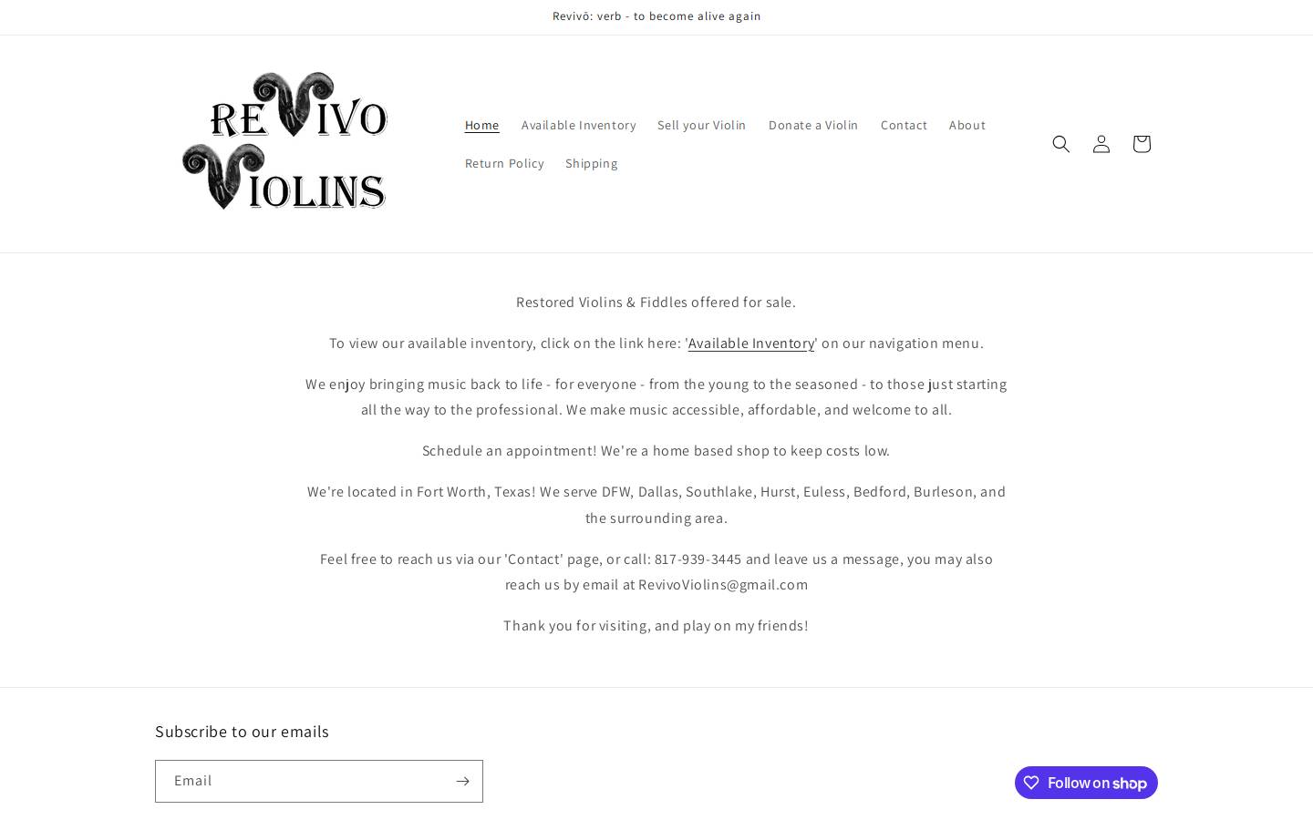 revivoviolins.com homepage screenshot