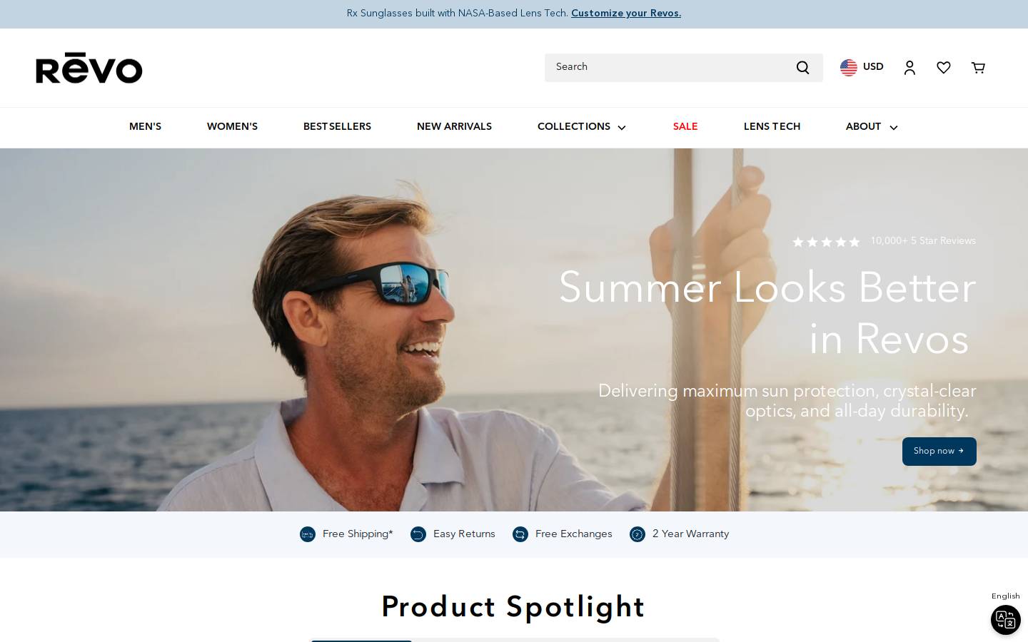 Revo Sunglasses homepage screenshot