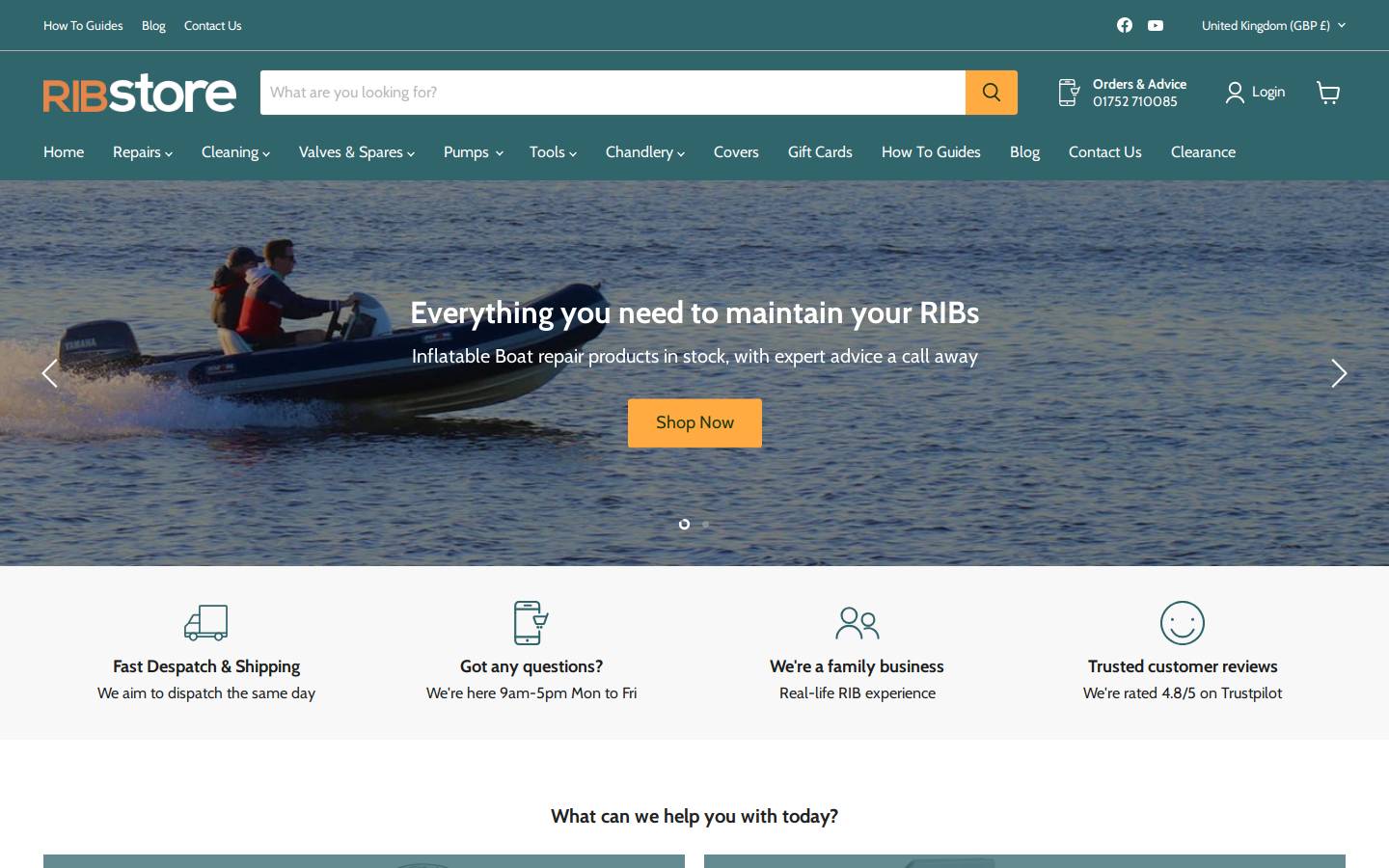 RIBstore inflatable boat repair supplies homepage screenshot