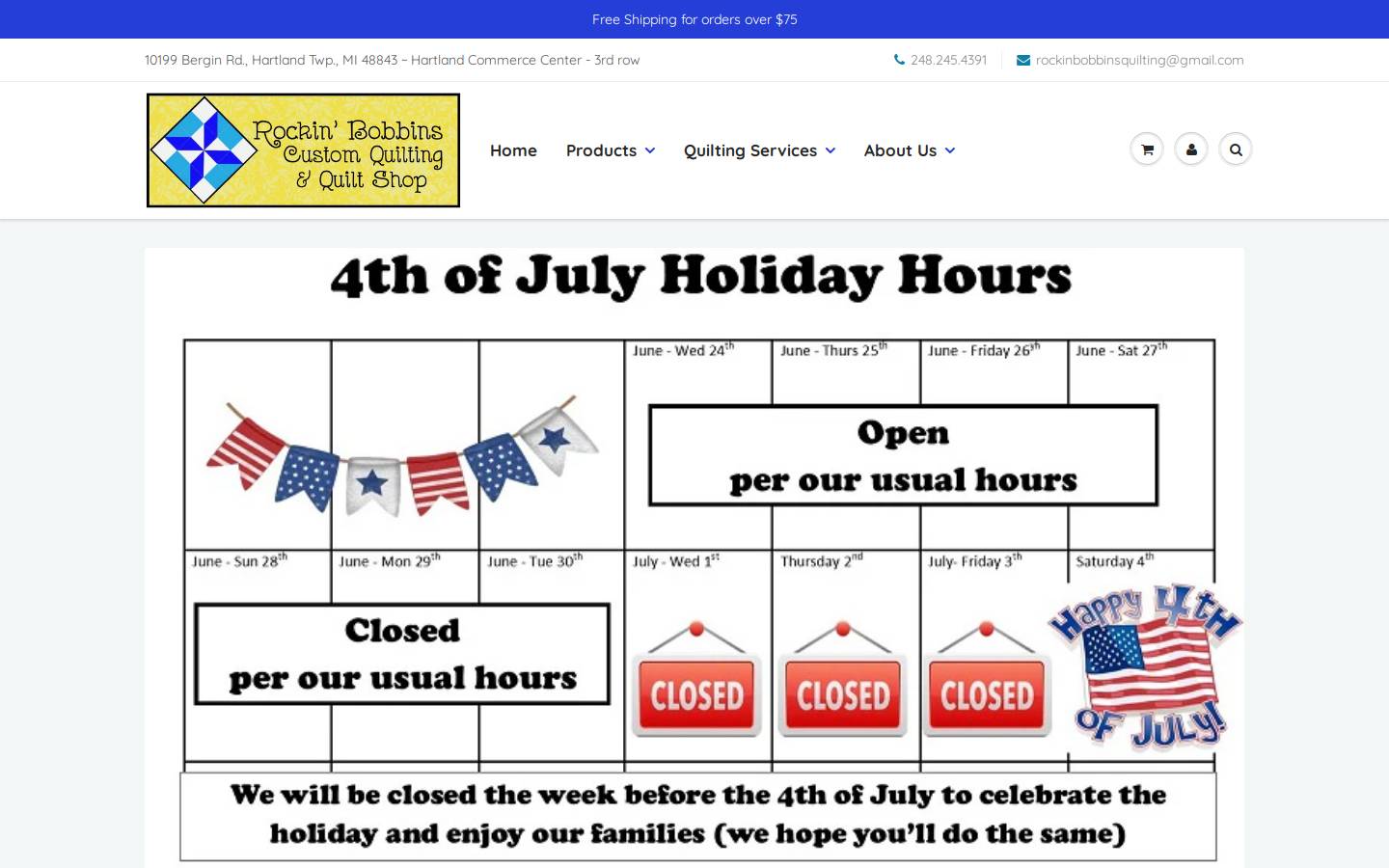 rockinbobbinsquiltshop.com homepage screenshot