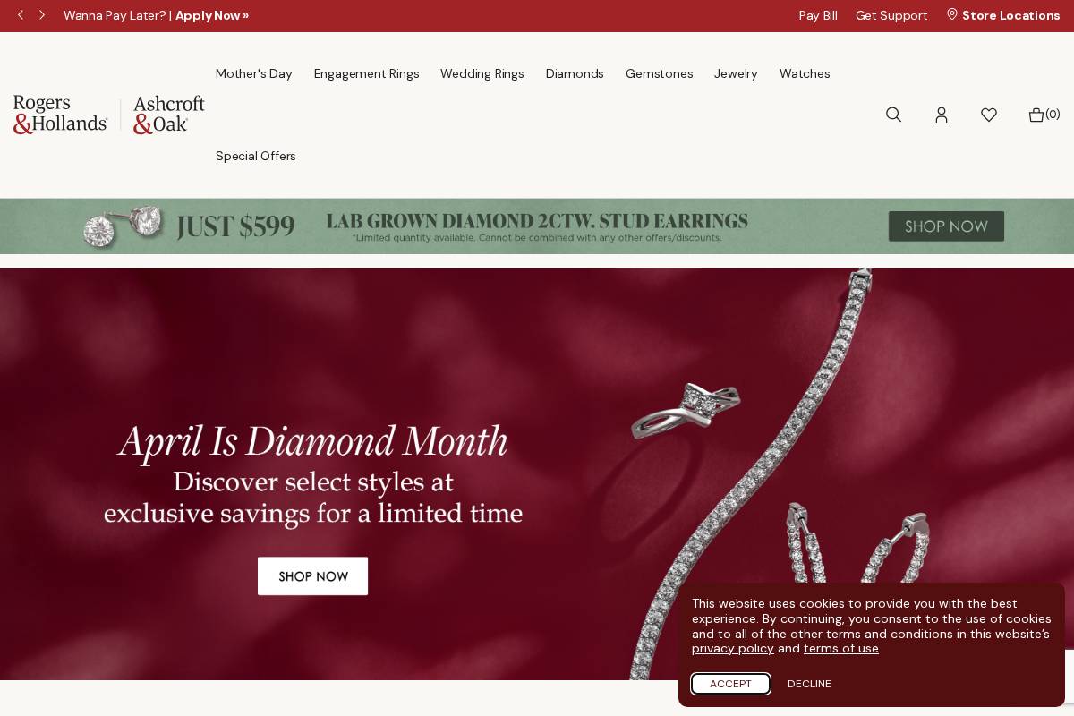 Rogers & Hollands Jewelers homepage screenshot
