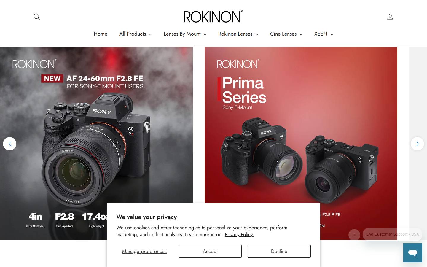 rokinon.com homepage screenshot