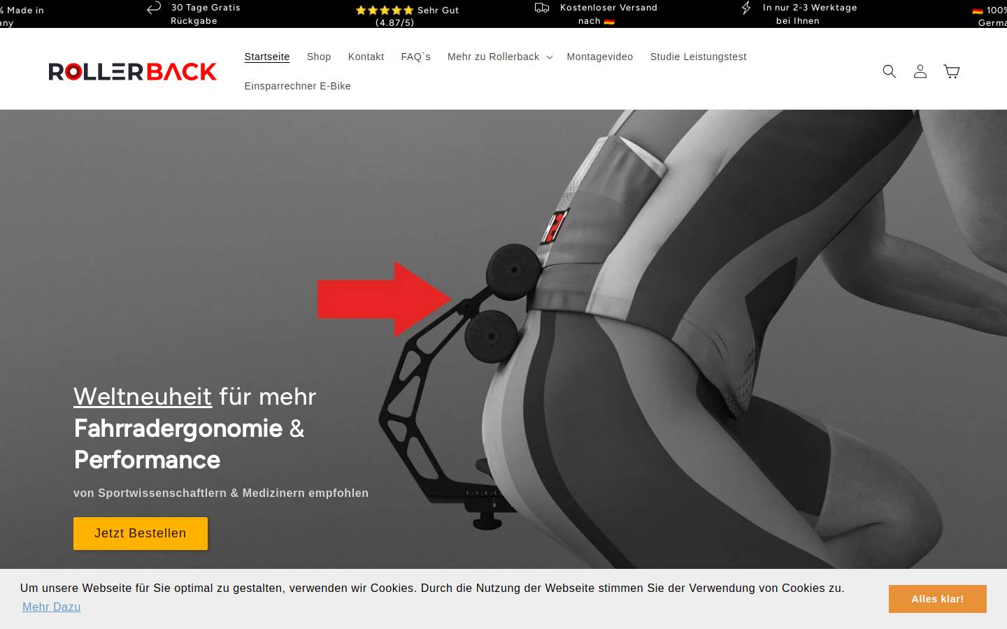 ROLLERBACK® Fahrrad Rückenunterstützung homepage screenshot