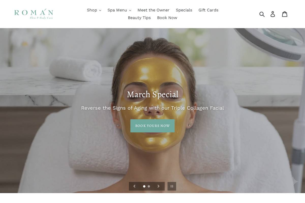 romanskinandbody.com homepage screenshot