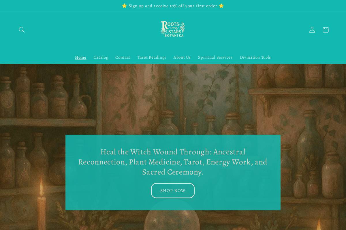 rootsandstarsbotanika.com homepage screenshot