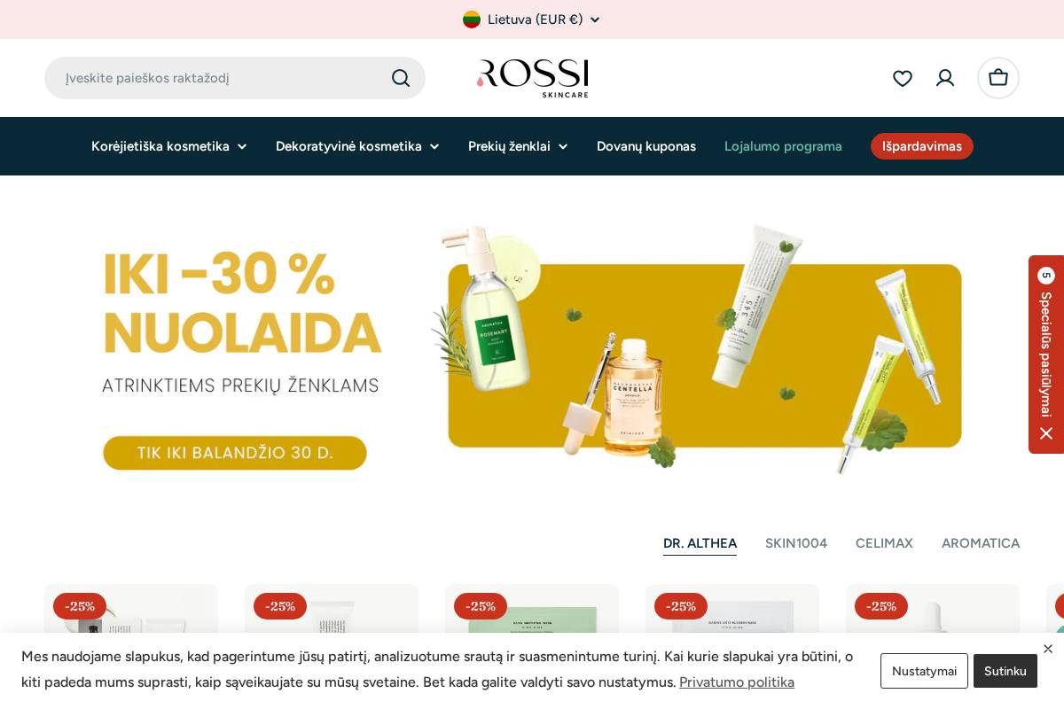Rossi Skincare homepage screenshot
