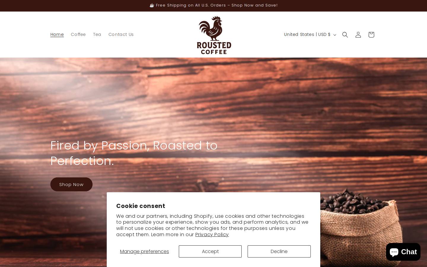 roustedcoffee.com homepage screenshot
