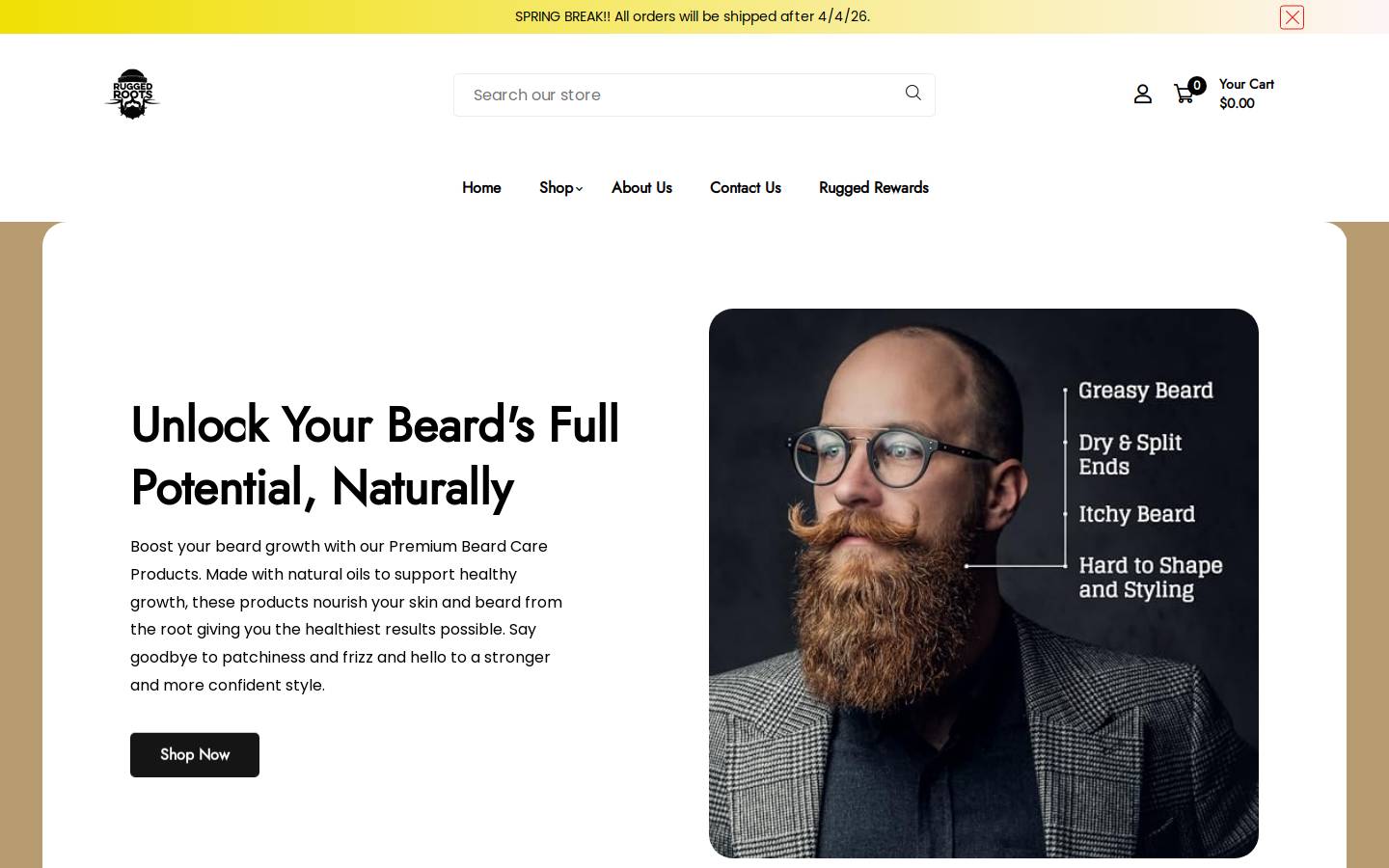 ruggedrootsbeardcare.com homepage screenshot