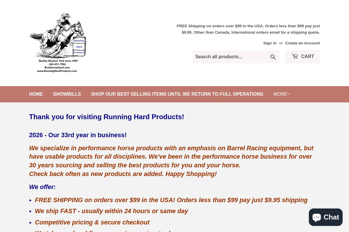 Running Hard Products homepage screenshot