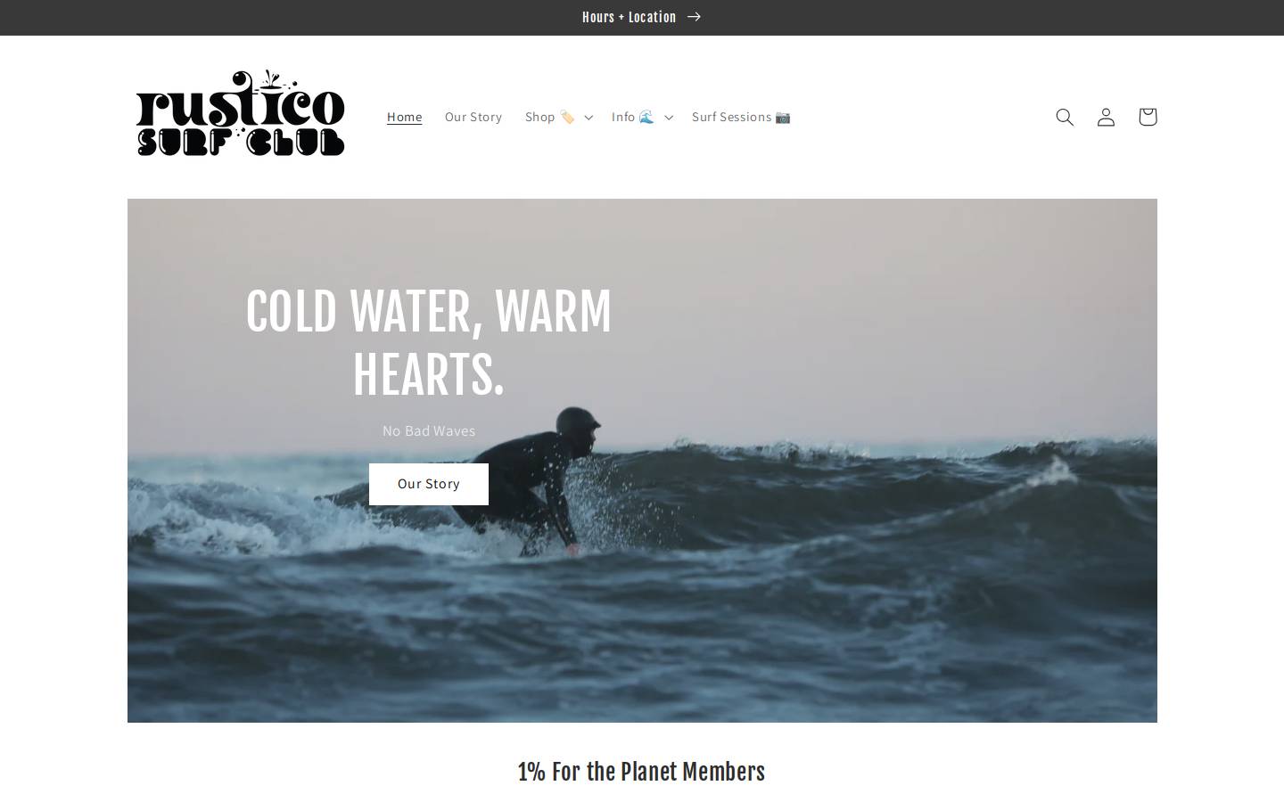 rusticosurfclub.com homepage screenshot