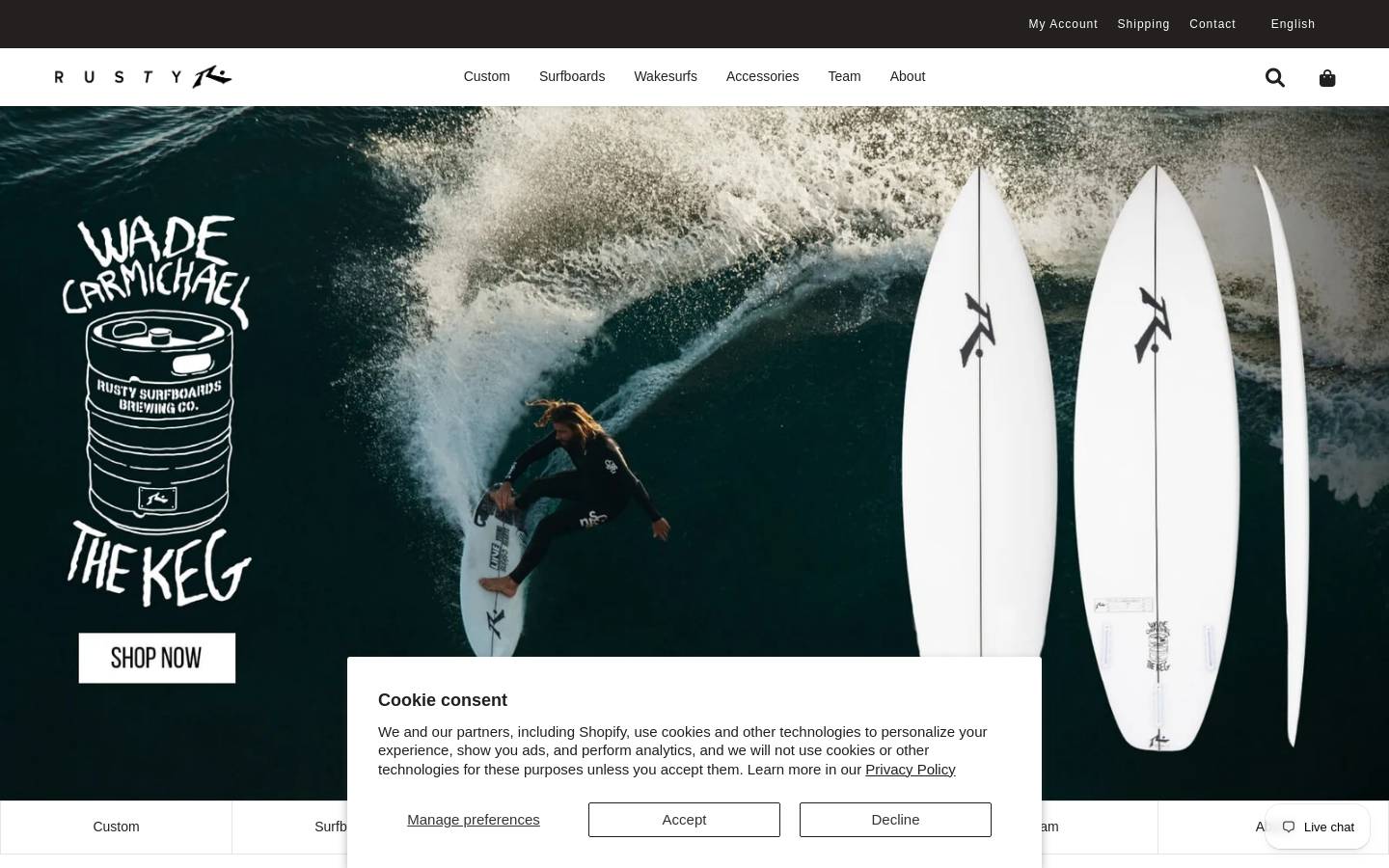 Rusty Surfboards homepage screenshot
