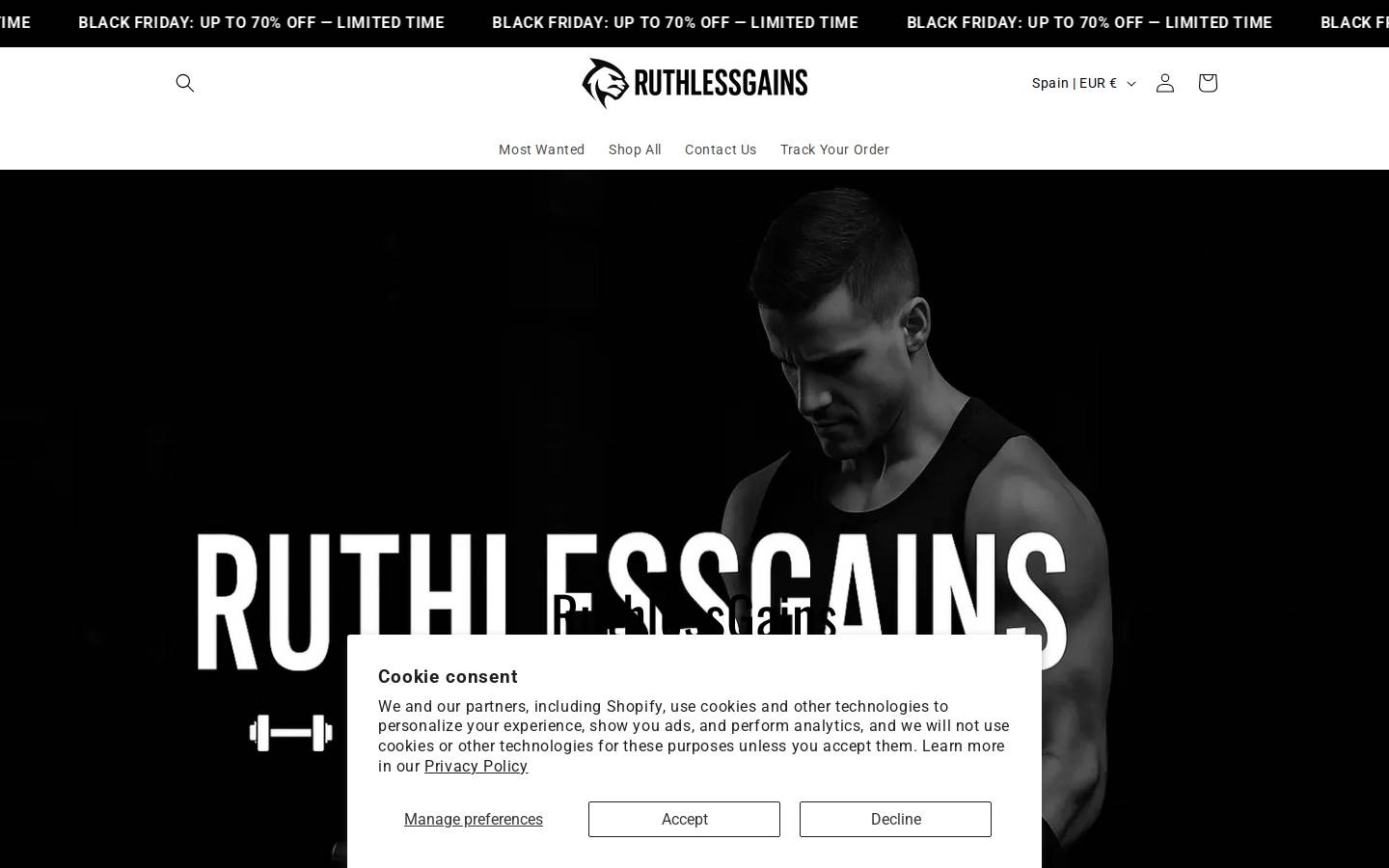 ruthlessgains.com homepage screenshot