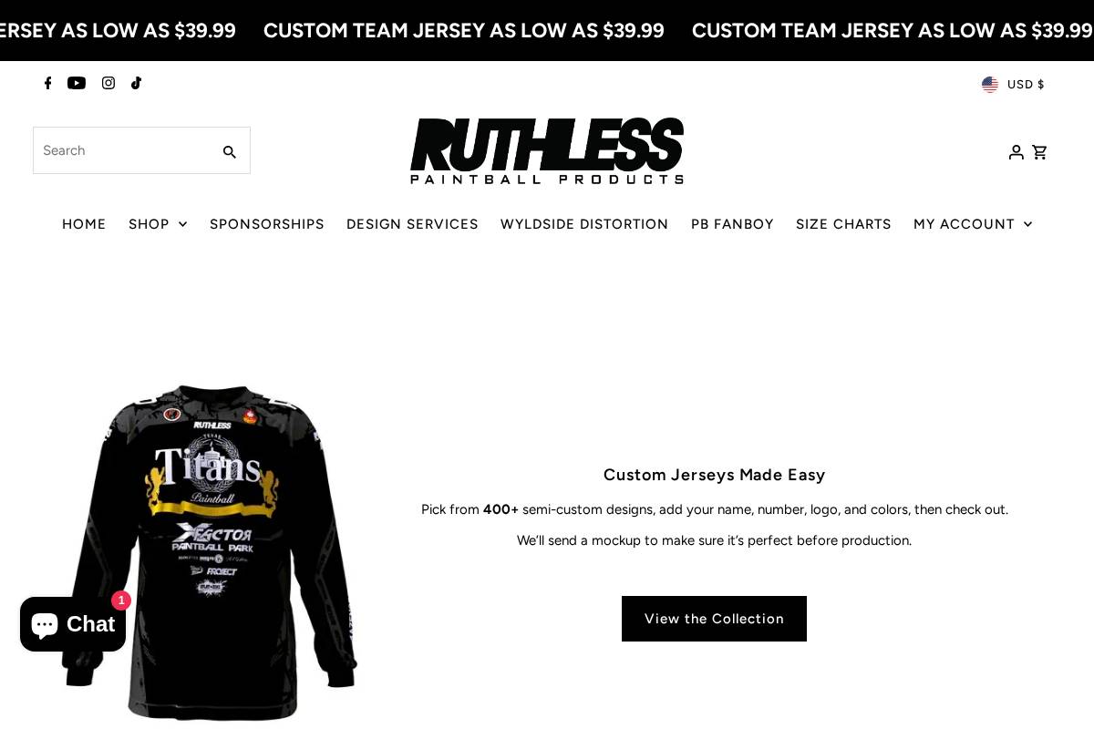 ruthlesspaintballproducts.com homepage screenshot
