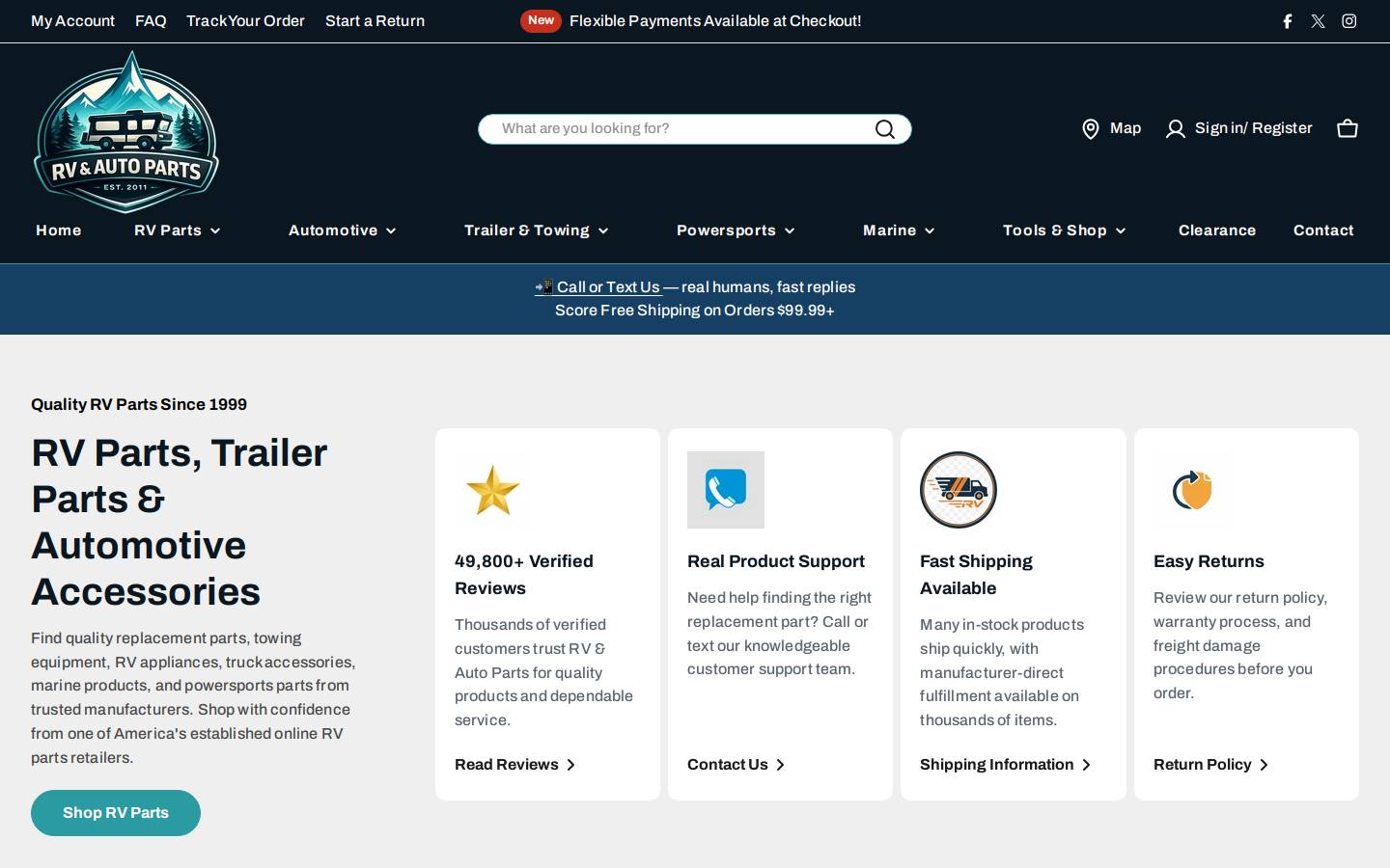 RV & Auto Parts homepage screenshot