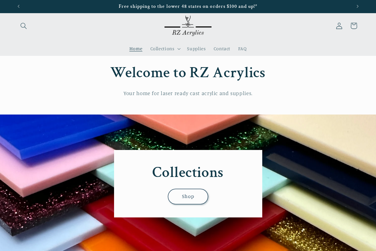 RZ Acrylics homepage screenshot