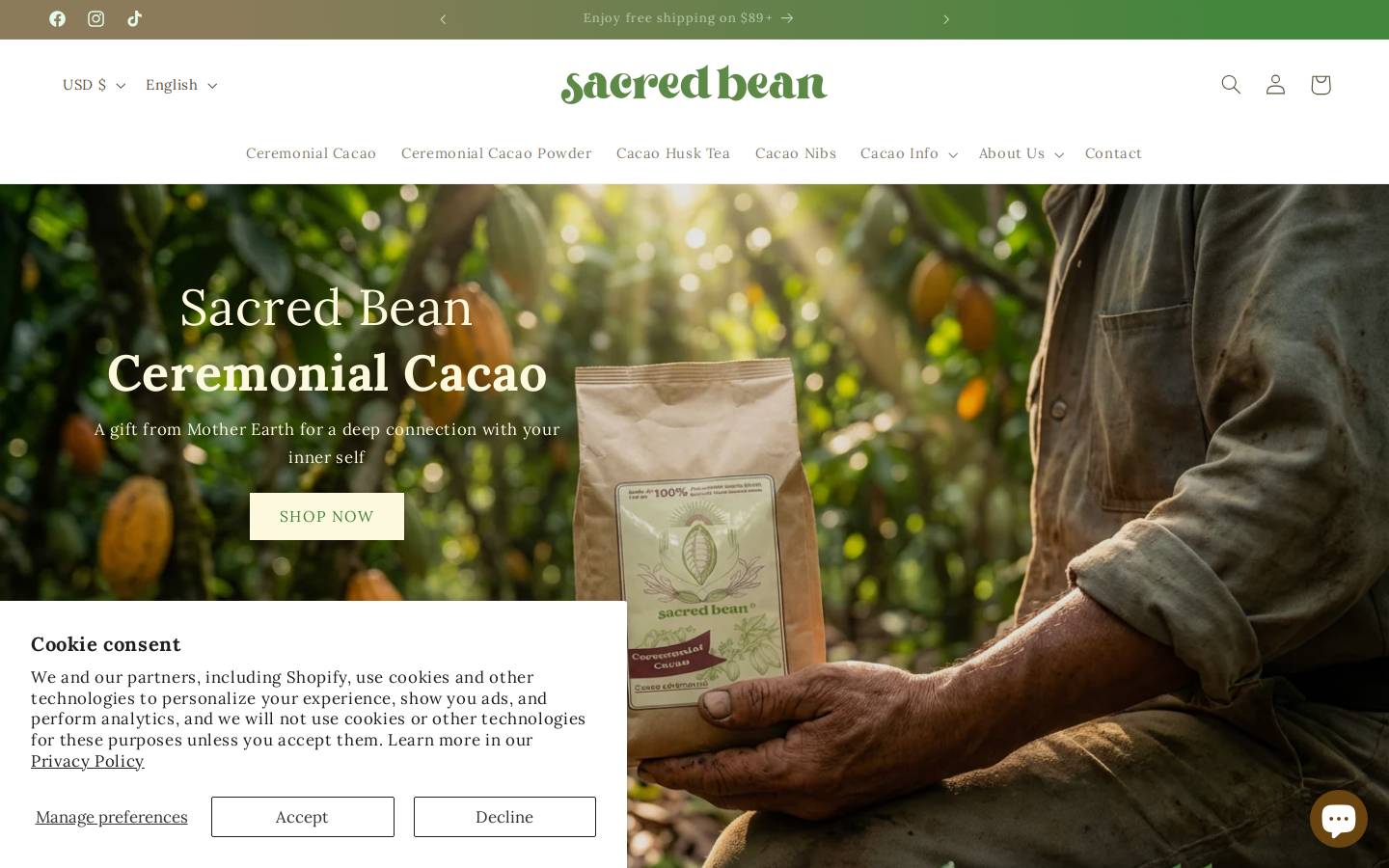 sacredbean.com homepage screenshot