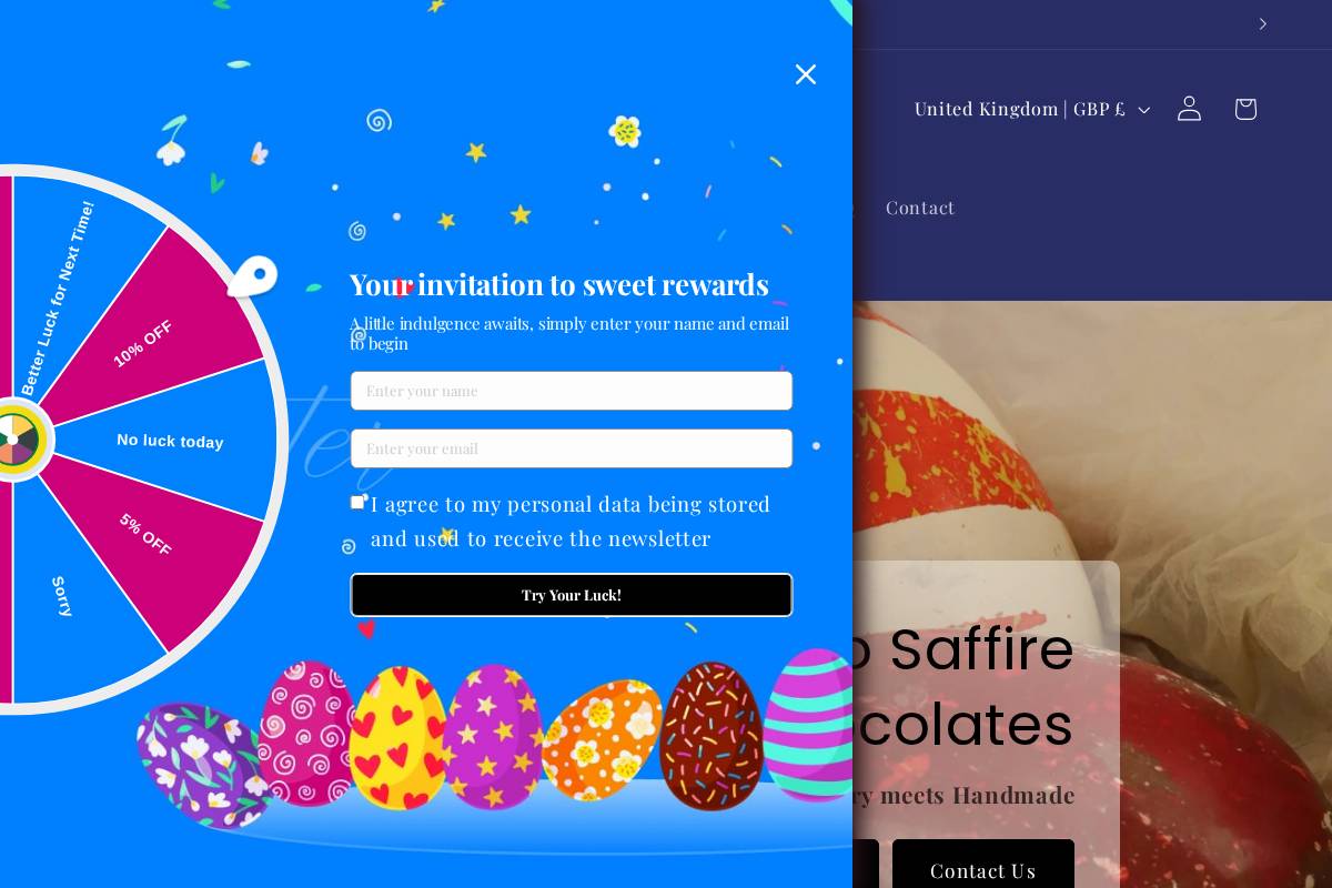 Saffire Chocolates homepage screenshot
